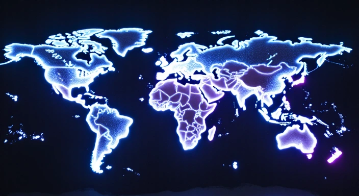 Abstract representation of global gaming network with interconnected nodes and light trails.