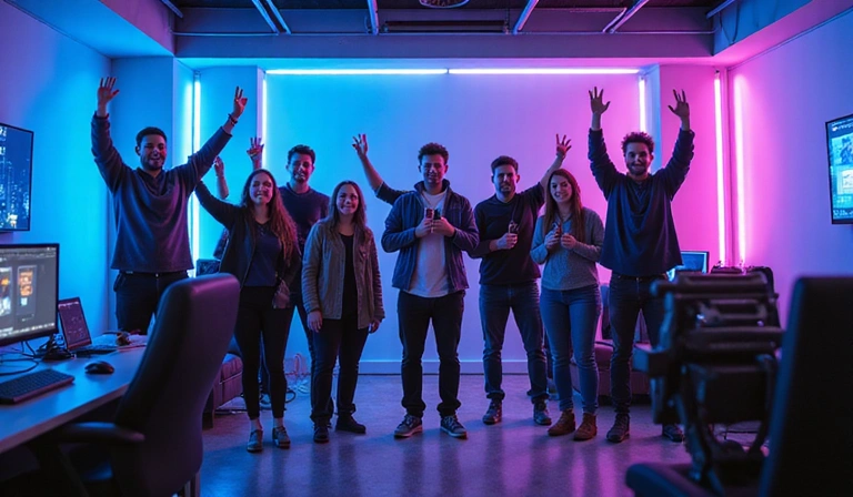 Early CloVixa team celebrating a product launch in a modern, tech-filled office.