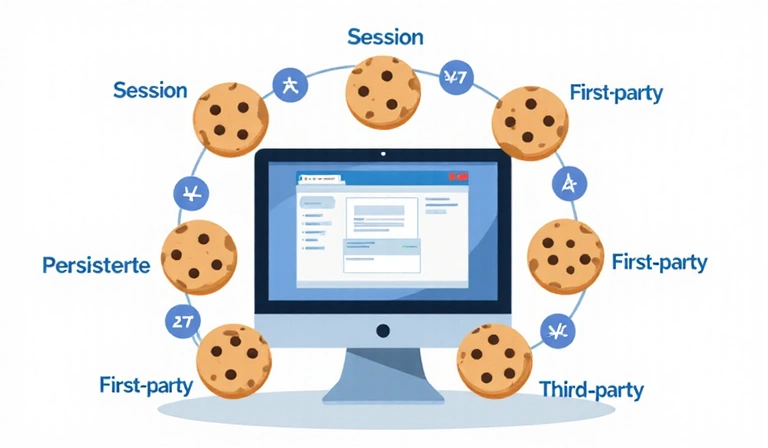 Illustration of various types of cookies and data flow on a computer screen