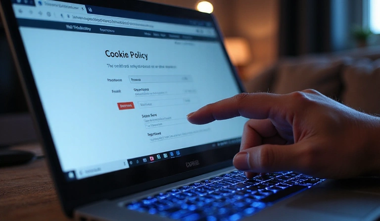 Person's hand interacting with a web browser's cookie settings menu, showing options to accept or reject cookies