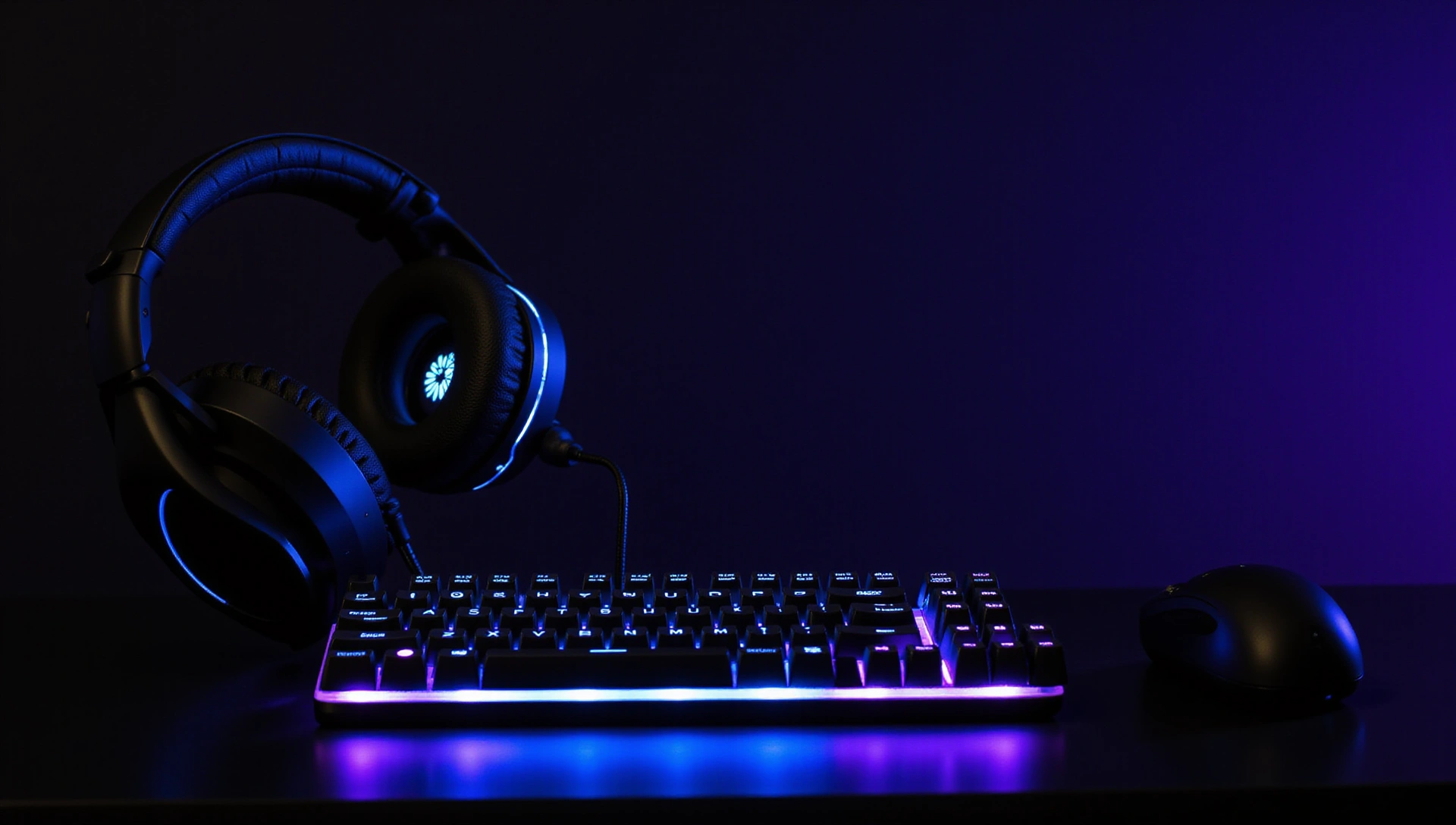 Dynamic gaming setup with high-tech gaming headset and RGB keyboard, dark background, neon blue and purple accents