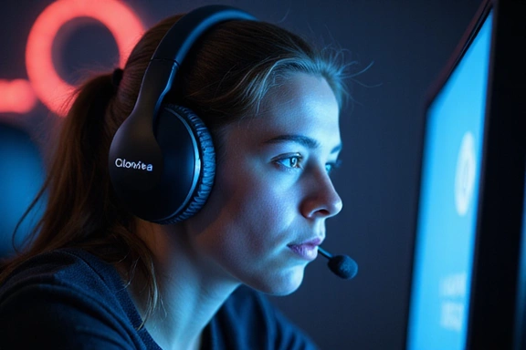 Gamer wearing a high-tech CloVixa headset, focused on screen