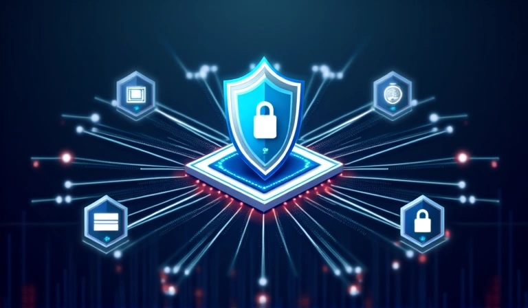 A shield icon protecting various digital data elements, surrounded by a network of secure connections, symbolizing comprehensive data security measures.