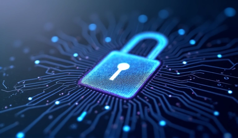 A lock icon over a stylized circuit board, representing data security and privacy.