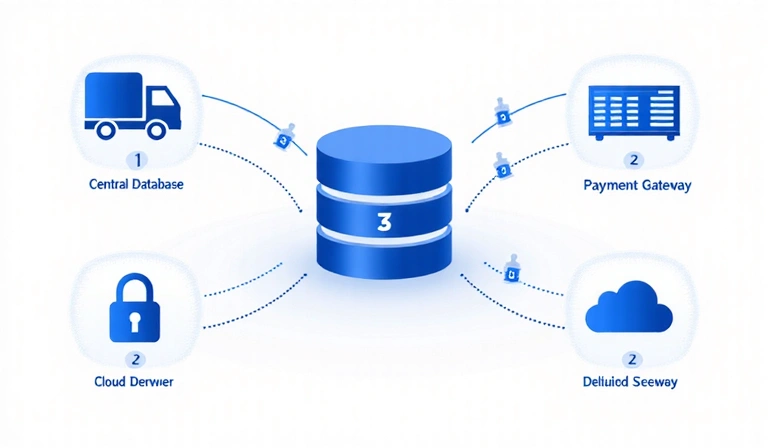 A graphic illustrating secure data sharing with various service providers, represented by icons like a delivery truck, a payment gateway, and a cloud server, all linked to a central company database with encryption symbols.
