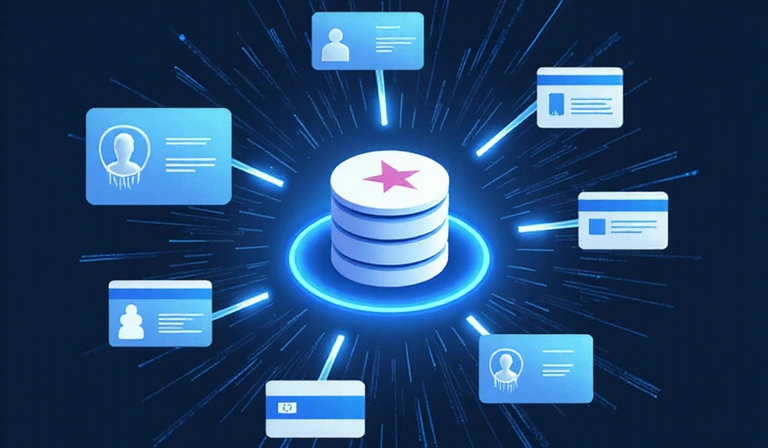 A stylized graphic showing data flowing into a secure database, with icons representing user information, payment details, and website analytics.