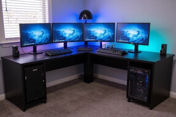 L-shaped gaming desk with integrated cable management