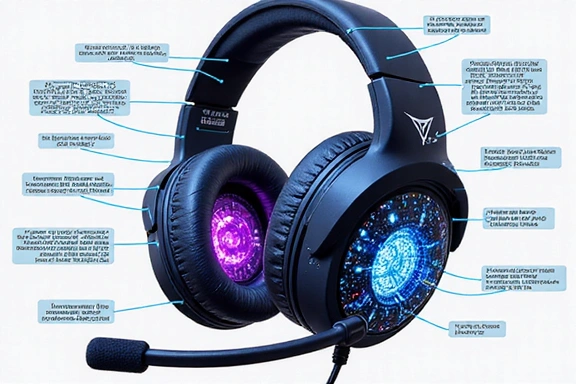 Detailed diagram of a gaming headset showing internal components and warranty seals.