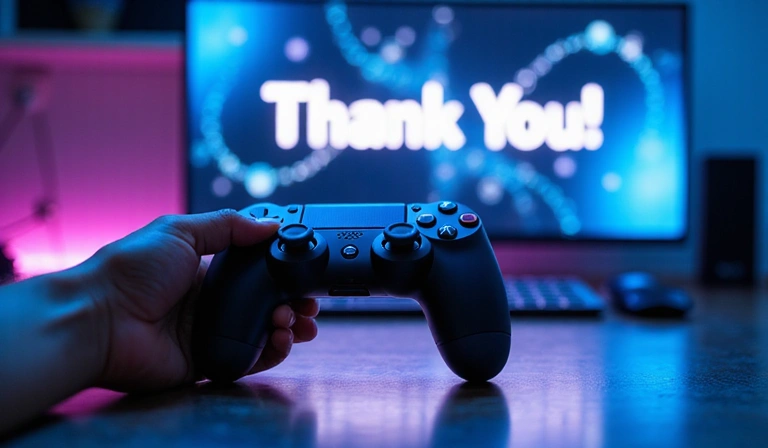 A hand holding a gaming controller with a 'thank you' message displayed on a screen in the background, surrounded by glowing neon lights.